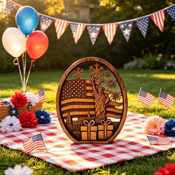 Patriotic Independence Day Multi‑Layer Natural Wood Decor Ornaments, 3D Laser‑Cut Statue of Liberty & American Flag Wooden Tabletop Decor