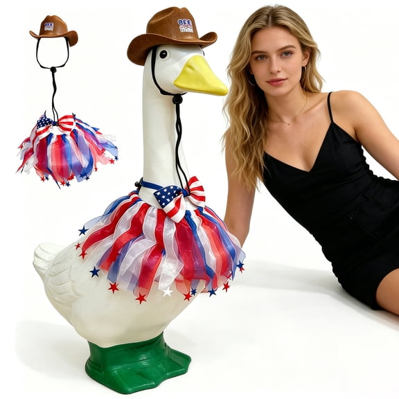 Patriotic Independence Day Outfit Set for Memorial Day 4th of July Decorations USA Flag Cowboy Hat and Tulle Skirt for Porch Statue National Holiday Celebration Home Yard Ornament Prop