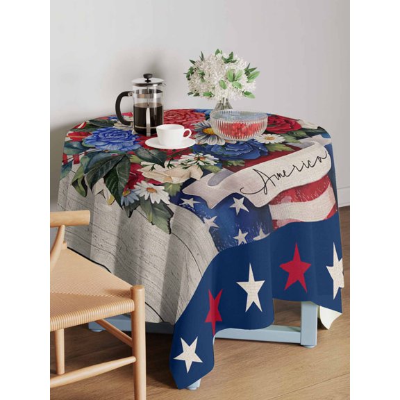 Patriotic Independence Day Table Cloth 54x54 Inch Square, Blue Red Flower Waterproof Tablecloth Washable Table Cover for 250th Anniversary Party Picnic Dinner Decor