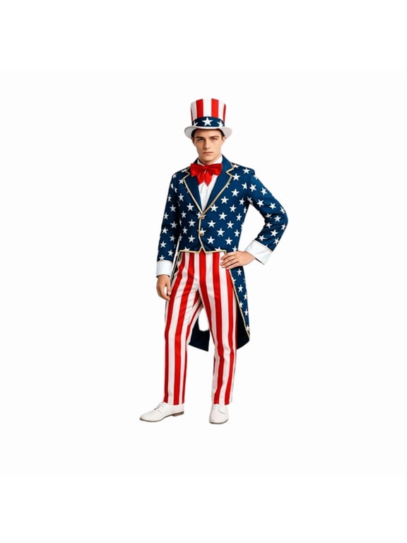 Patriotic Independence Day Tuxedo Tailcoat Coat Jacket for Men Red White Blue Stage Performance with Shawl Lapel Knee Length Tails for July 4th Uncle Sam Costume Party and New Year Eve