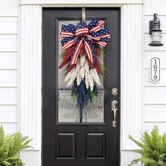 Patriotic Independence Day Wreath for Front Door Memorial Day 4th of July Decorations Home Decoration with Red White and Blue Ears Hanging Upside Down Basket Door Hanging Wreath Ornament