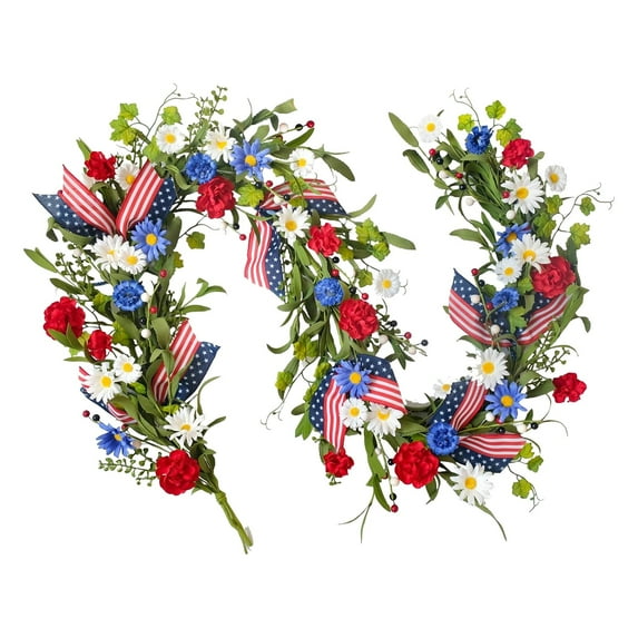 Patriotic Independence Day Wreath - Red, White & Blue Artificial Garland With Stars, Berries, And Flag Bow For Wall, Table, Memorial Day, Indoor & Outdoor Decor