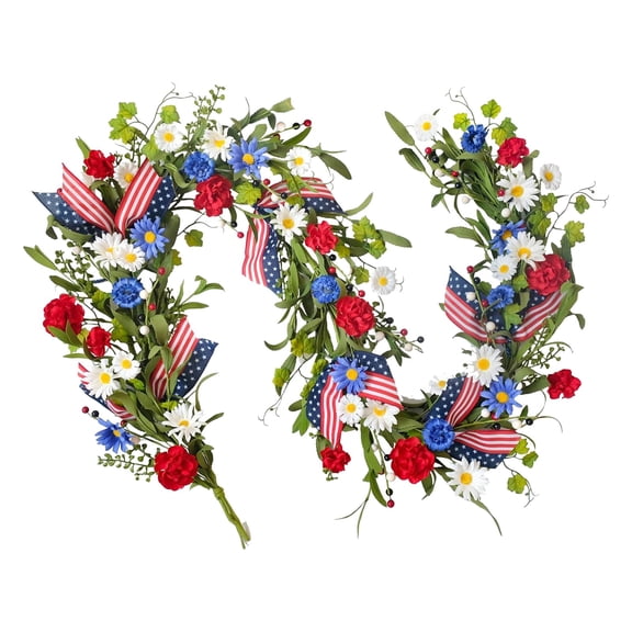 Patriotic Independence Day Wreath - Red, White & Blue Artificial Garland With Stars, Berries, And Flag Bow For Wall, Table, Memorial Day, Indoor & Outdoor Decor