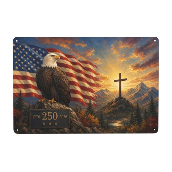Patriotic Iron Eagle Wall Decor Sign with Flag and Cross 8x12 Inch