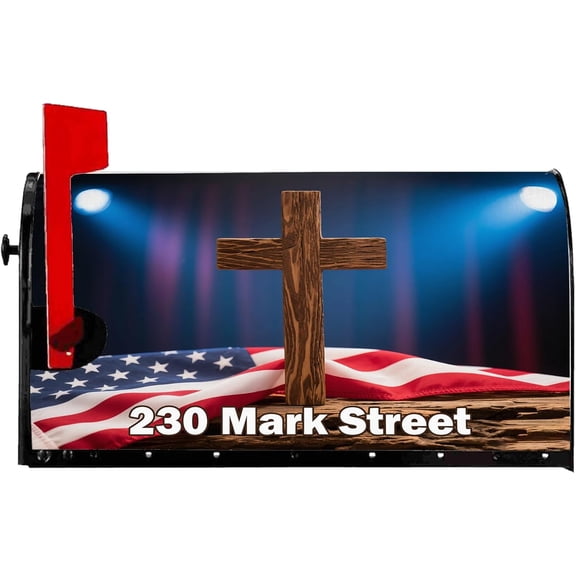 Patriotic Jesus Cross Mailbox Covers Magnetic Standard Size 18" X 21" Personalized American Flag Mailbox Wraps, Custom Numbers Address Post Letter Box Cover for Home Garden Yard Outdoor Decor