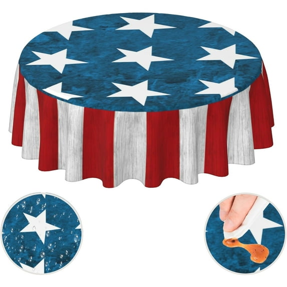 Patriotic July 4th Independence Day Memorial Day Wooden American Flag Waterproof Picnic Patio Party Round Table Cloth Cover Decorations Fabric 60 Inch Circular Tablecloth for 20-47 Inch