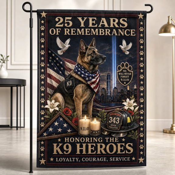 Patriotic K9 Memorial Garden Flag, 25 Years Remembrance 9/11 K9 Heroes Banner