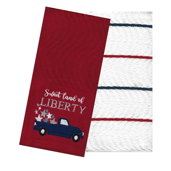 Patriotic Kitchen Towel 2-Piece Set Red White and Blue Vintage Truck Dishtowels Liberty