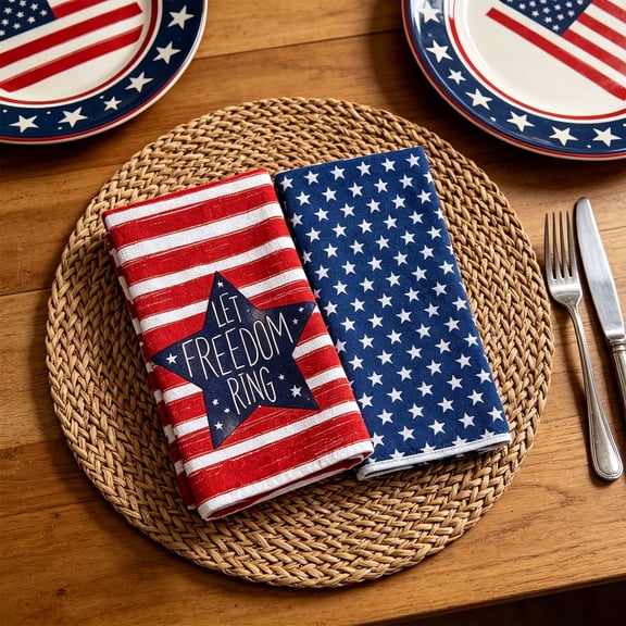 Patriotic Kitchen Towels 2 Pack, Waffle Weave Dish Cloths Red White Blue Stars for Independence Day, Absorbent Lint Free Tea Towels for 4th of July Decor and Cleaning