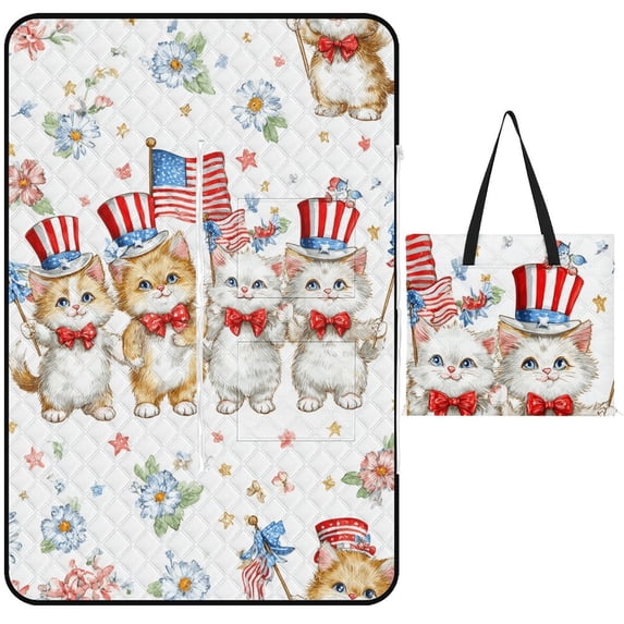 Patriotic Kittens Fourth of July Fabric Picnic Blanket Waterproof Outdoor Beach Blanket Hand-held Pad Suitable for Travel, Camping, Beach, Family Gatherings