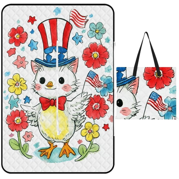 Patriotic Kitty Wearing Uncle Sam Hat Picnic Blanket Waterproof Outdoor Beach Blanket Hand-held Pad Suitable for Travel, Camping, Beach, Family Gatherings