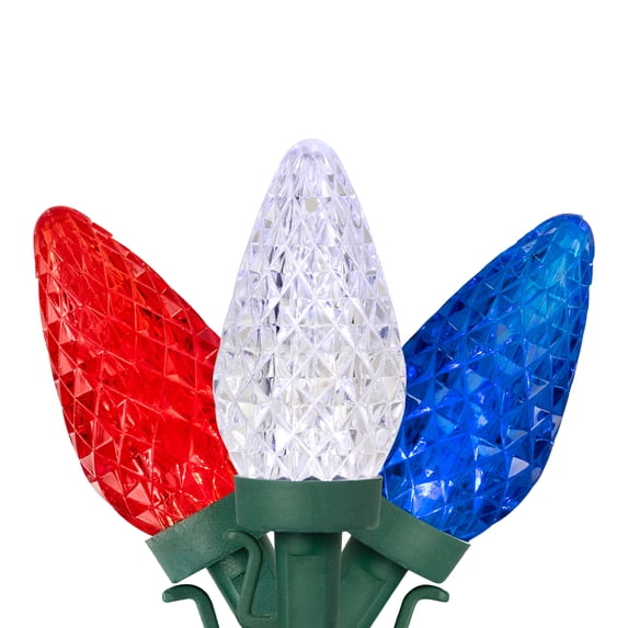 Patriotic LED C9 Faceted Christmas Lights - Red White and Blue - 66' Green Wire - 100ct