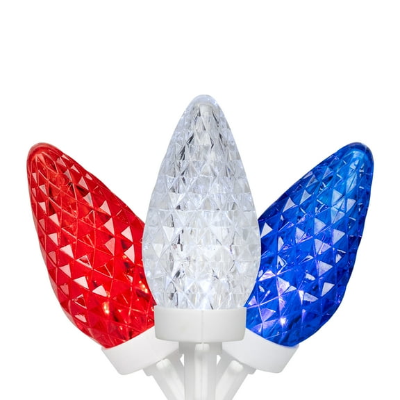 Patriotic LED C9 Faceted Christmas Lights - Red White and Blue - 66' White Wire - 100ct