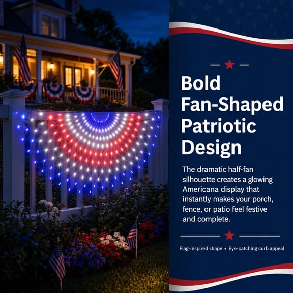 Patriotic LED Mesh Banner Lights, Red White Blue Half-Fan Flag Design for Outdoor Decor, Easy Hang Energy-Efficient String Lights for Porch Patio Backyard July 4th Party