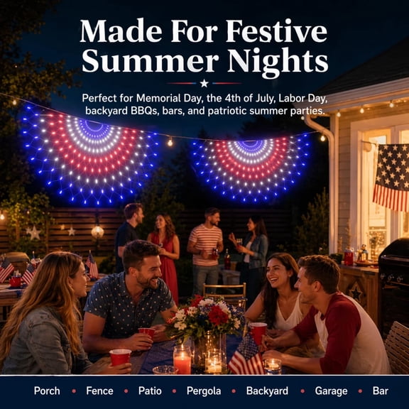 Patriotic LED Net Lights, Red White Blue Half-Fan String Lights for Outdoor Decor, Weather-Resistant & Easy Setup for Porch, Patio, Fence, Perfect for July 4th, Memorial Day & Backyard Parties
