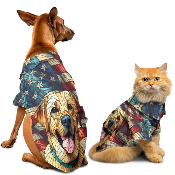 Patriotic Labrador Retriever Stained Glass Portrait American Flag Hawaiian Summer Shirt for Small Medium Large Dog Cat Lab Dog Lover Gifts - 01010
