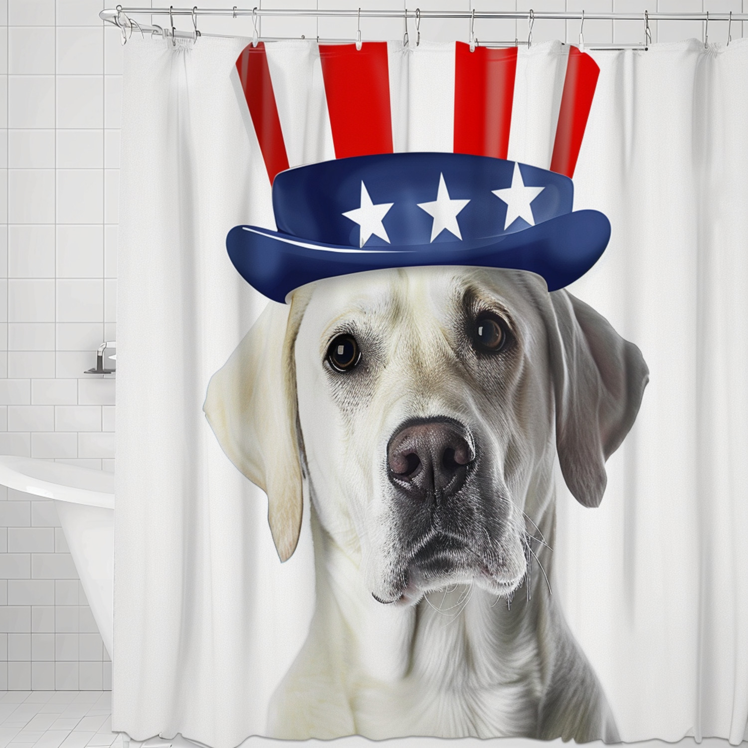Patriotic Labrador Shower Curtain Red White Blue Hat Design Bathroom