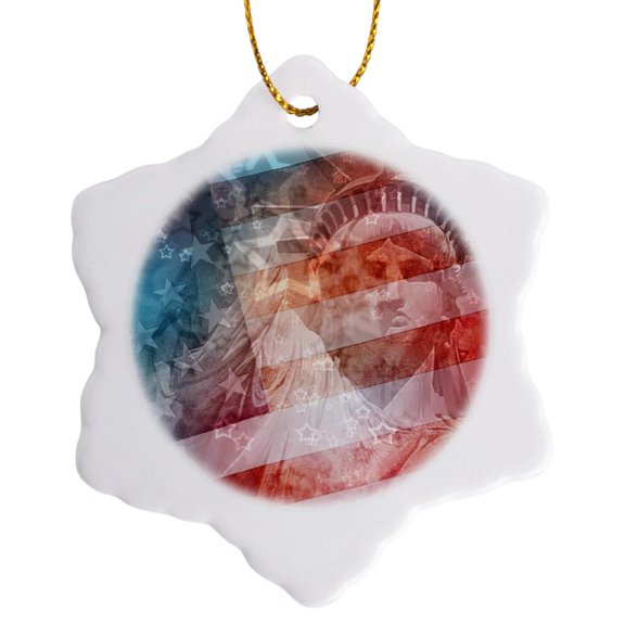 Patriotic Lady Liberty Digital Collage Features The Statue Of Liberty And American Flag, 3 inch Snowflake Porcelain Ornament