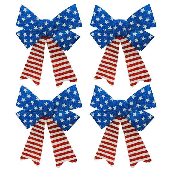 Patriotic Large Bows 4Pk, Glitter Stars & Stripes Red White Blue Ribbon 4th of July Wreath Door Decor