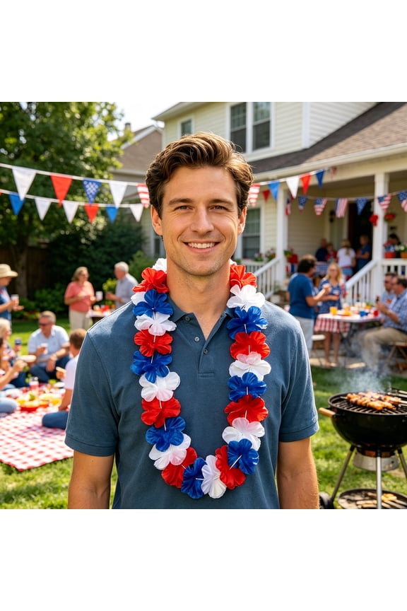 Patriotic Leis Red White and Blue Flower Leis, 4th of July Garlands Hawaiian Luau Flower Necklaces for Fourth of July, Memorial Day, Independence Day Decorations Party Favors