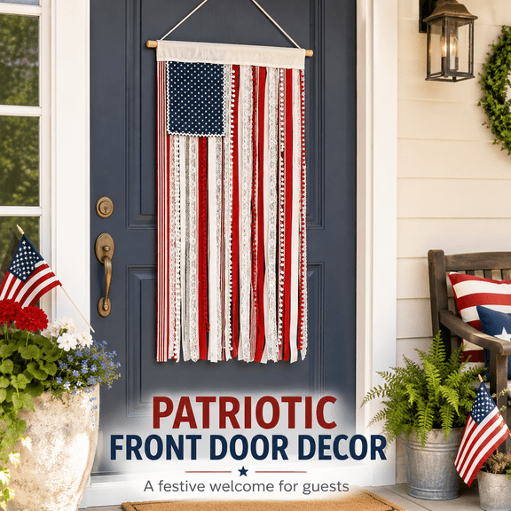 Patriotic Lighted Rag American Flag Banner, 50×27 Inch Boho Tassel Wall Hanging, Independence Day Photo Backdrop Decor with Wooden Dowel -1PC