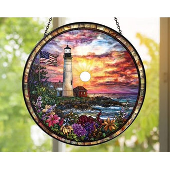 Patriotic Lighthouse Glass Suncatcher: American Flag Coastal Decor, 6.3 in