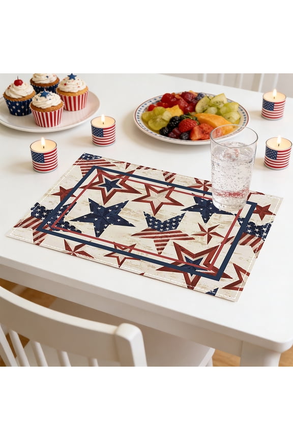 Patriotic Linen Placemat 17.7x12.6 in Independence Day Table Mat USA Flag Printed Dining Decor Heat Resistant Washable Kitchen Place Mat July 4th Tableware for Party Restaurant Home