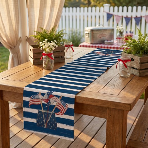 Patriotic Linen Table Flag With Printed Design, Independence Day Dining Table Decoration For Family Party Celebration And Holiday Commemorative Decor