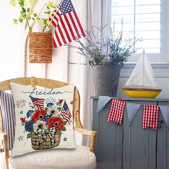 Patriotic Linen Throw Pillowcase, 4th of July American Flag Themed Cushion Cover for Independence Day Celebration