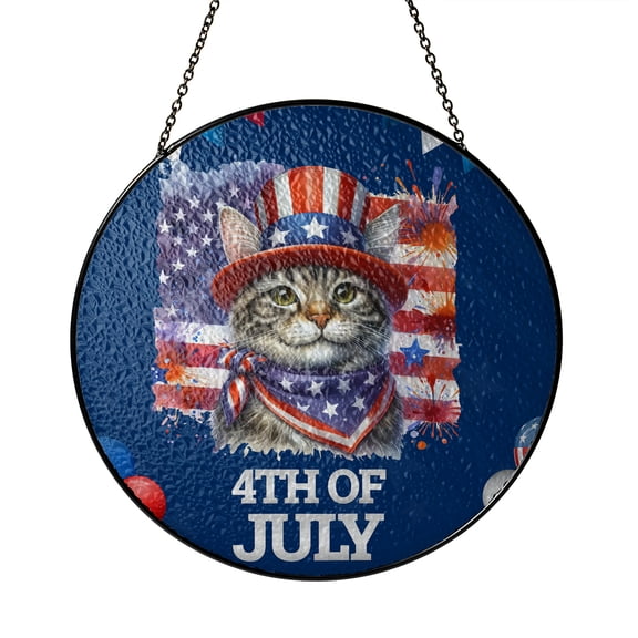 Patriotic Manx Celebrates 4th of July Stained Glass Suncatcher Cat Lover Kitten Owner Gifts Window Hanging Sign Decor - 02009