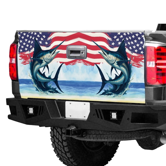 Patriotic Marlin Fish Tailgate Wrap – American Flag Fishing Pickup Truck Tailgate Vinyl Decal, Ocean Sport Fishing Truck Graphic