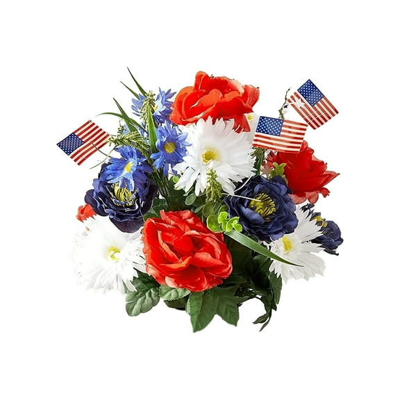 Patriotic Memorial Bouquet - Red White & Blue Artificial Flowers for Cemetery, Graves & 4th of July Decor - Silk Floral Arrangement with American Flags