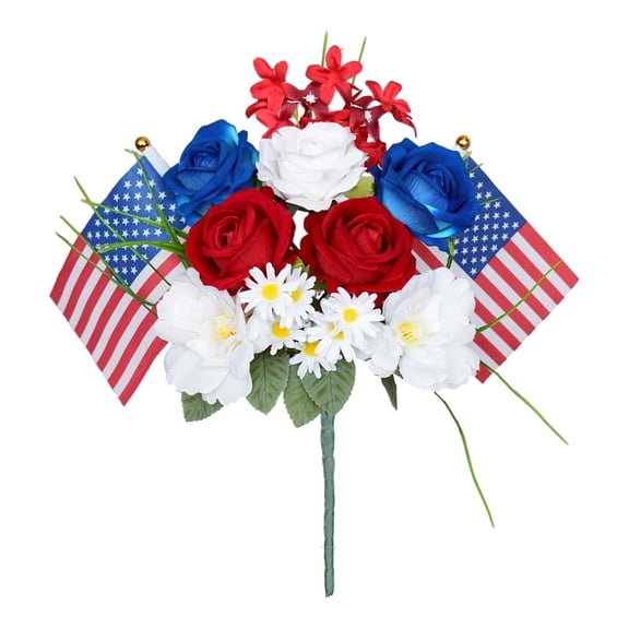 Patriotic Memorial Bouquet,Red White And Blue Blooming Rose Daisy Artificial Flowers,Thank You Veterans Themed Centerpiece Flowers with American Flag for Home Table Office Cemetery Harlik
