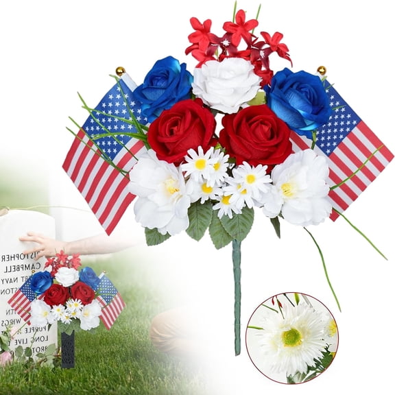 Patriotic Memorial Bouquet Red White And Rose Daisy Artificial Flowers Thank You Veterans Themed Centerpiece Flowers With American Flag For Home Table Cemetery