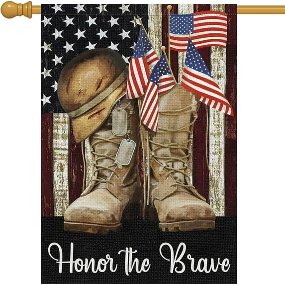 Patriotic Memorial Day Boots Garden Flag 28x40 Double Sided Vertical, Large Burlap Honor the Brave Garden Yard Flags Banner Veterans Outdoor House Decorations (ONLY FLAG)
