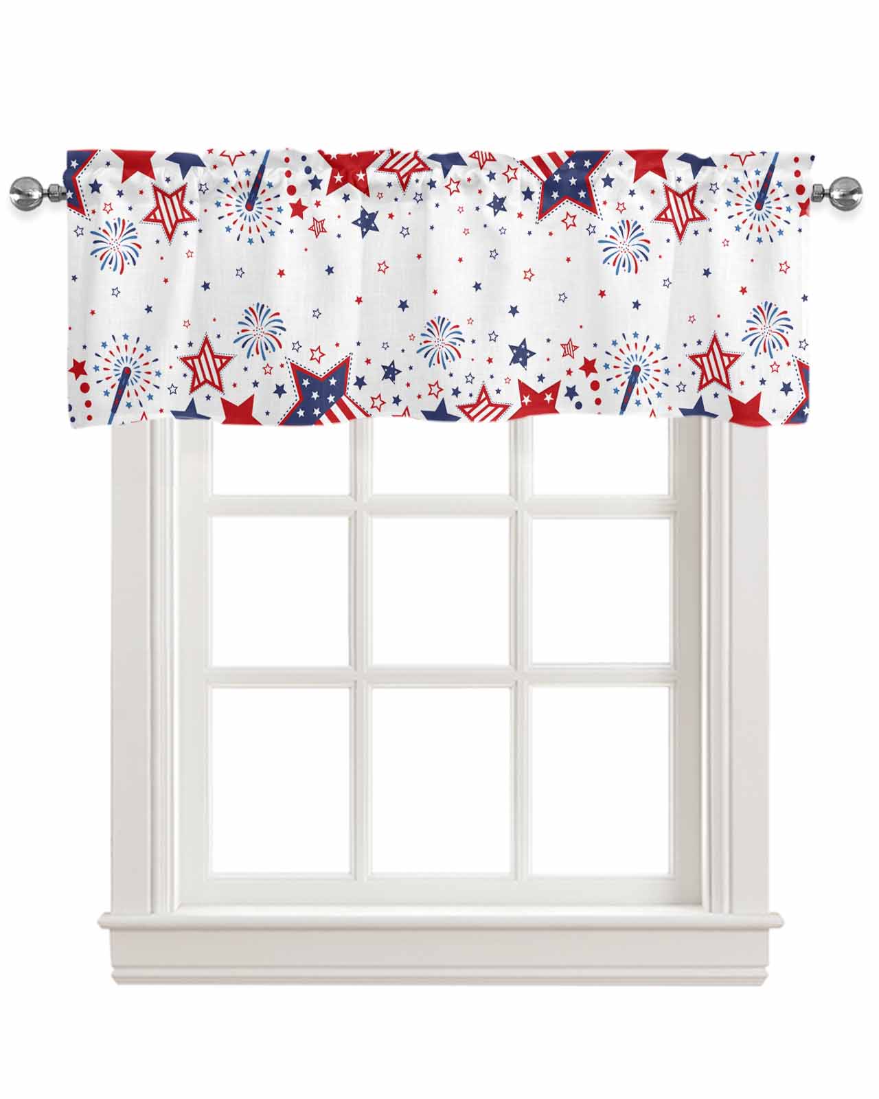 Patriotic Memorial Linen Curtain Valance for Bedroom/Bathroom/Kitchen/Office/Living/Dining Room Windows,Stripes Stars 4th of July Red Blue Rod Pocket Topper Drapes Decorative Cafe Drapery Panel 60x18