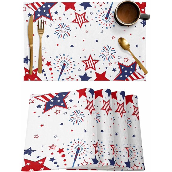 Patriotic Memorial Placemats Set of 4,Washable Woven Burlap Cloth Fabric Placemat for Square/Rectangle/Round/Oval Dining Table,Easy Clean Place Mats for Kids Stripes Stars 4th of July Red Blue
