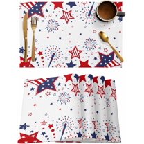 Patriotic Memorial Placemats Set of 4,Washable Woven Burlap Cloth Fabric Placemat for Square/Rectangle/Round/Oval Dining Table,Easy Clean Place Mats for Kids Stripes Stars 4th of July Red Blue