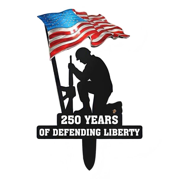 Patriotic Metal Garden Stake 250 Years Of Defending Liberty Sign USA Flag Soldier Silhouette Outdoor Lawn Decor Rust Resistant Weatherproof Yard Art for Memorial Day Independence Day Easy Insert