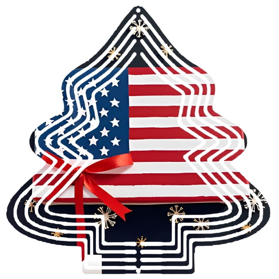 Patriotic Metal Hanging Christmas Tree Wind Spinner - American Flag Design with Red Ribbon Snowflakes & Sparkles for Garden Decor