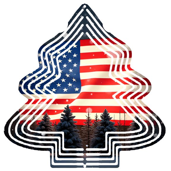 Patriotic Metal Hanging Christmas Tree Wind Spinner - American Flag Design with Snowy Pine Silhouettes for Yard & Garden Decor