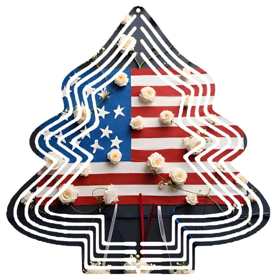 Patriotic Metal Hanging Christmas Tree Wind Spinner - American Flag Design with White Roses for Garden & Yard Decor