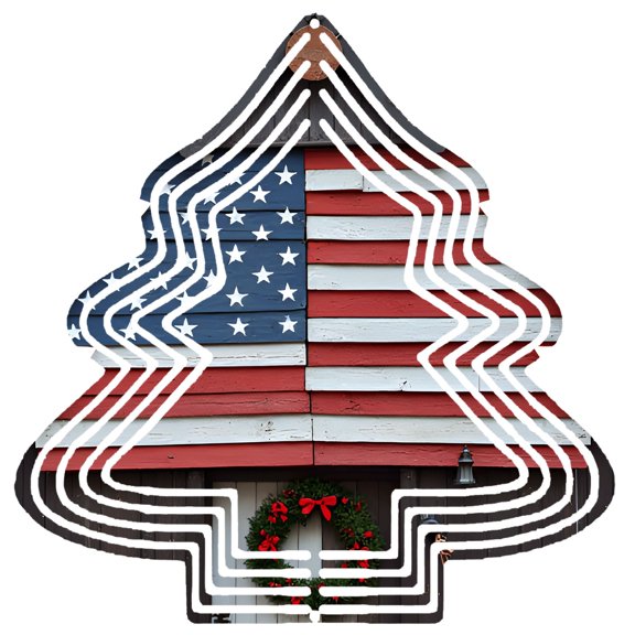 Patriotic Metal Hanging Christmas Tree Wind Spinner - Rustic American Flag Design for Festive Garden Decor