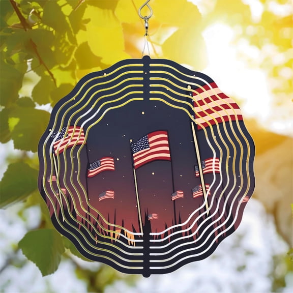 Patriotic Metal Hanging Wind Spinner with Concentric Waves & American Flags - Perfect for Yard & Garden Decor Night Sky Design