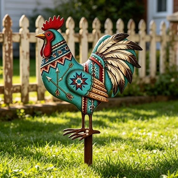 Patriotic Metal Rooster Yard Decor with Stakes, 2D Standing Small Metal Chicken Yard Decor Rooster Sign Ornament Figurines for 4th of July Backyard Lawn Porch Outdoor Decor