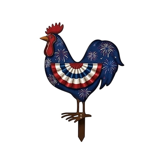 Patriotic Metal Rooster Yard Decor with Stakes, 2D Standing Small Metal Chicken Yard Decor Rooster Sign Ornament Figurines for 4th of July Backyard Lawn Porch Outdoor Decor