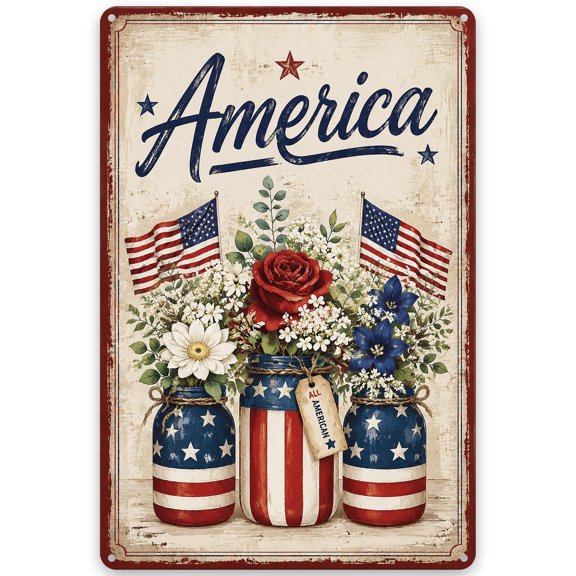 Patriotic Metal Wall Decor Sign 8x12 Inch - America Design with Rustic US Flag Mason Jars and Stars - Vintage Style Iron Decoration for Indoor Outdoor Use - Easy Hanging Pre-Drilled Holes