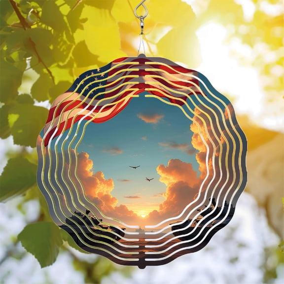 Patriotic Metal Wind Spinner with American Flag Design - Serene Sky & Birds - Perfect for Yard and Garden Decor