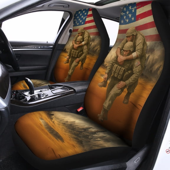 Patriotic Military Car Seat Covers – American Flag Soldier Brotherhood Art Auto Seat Protector Set, Veteran Tribute Interior Decor