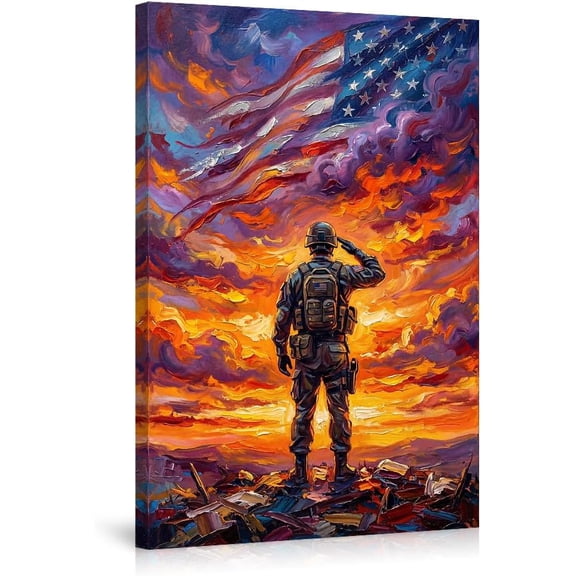 Patriotic Military Soldier Saluting American Flag Canvas Print Impasto Sunset Wall Art Home Decor for Living Room Bedroom Office Veteran Gifts